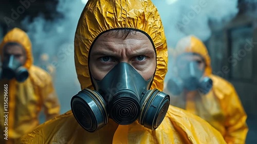 Hazmat team faces danger, toxic smoke, urban scene. Possible stock photo