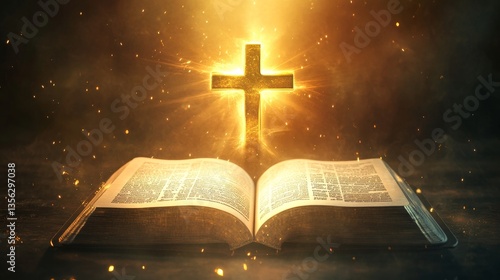 A stylized illustration of a new open Bible, on top of the bible a golden cross.