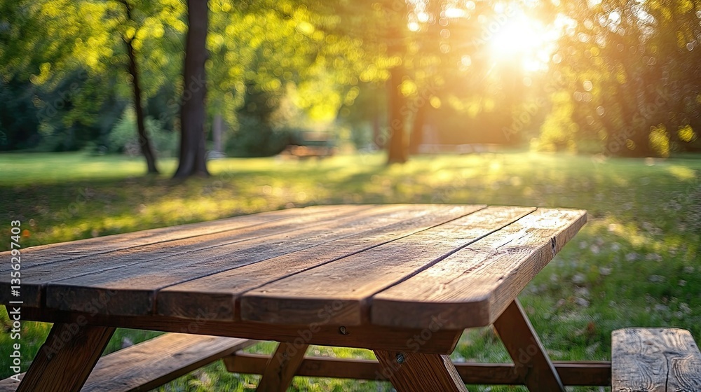Wooden picnic table outdoors on a sunny day, symbolizing leisure, outdoor dining, and natural gatherings, perfect for family time, outdoor cooking, and rustic lifestyle visuals. Wooden picnic table outdoors on a sunny day, symbolizing leisure, outdoor dining, and natural gatherings, perfect for family time, outdoor cooking, and rustic lifestyle visuals.