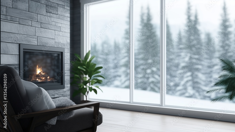 Fototapeta premium Cozy living room with fireplace and large window overlooking snowy forest. winter relaxation