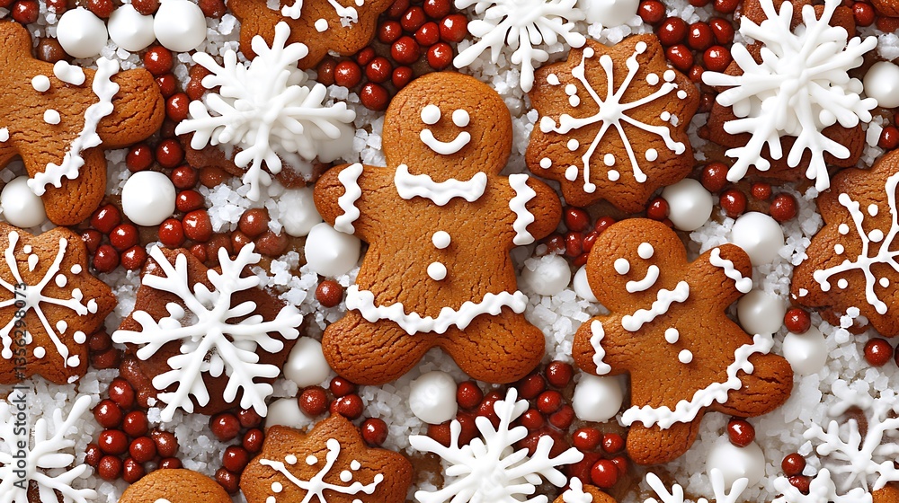 Festive gingerbread men and snowflake cookies with sprinkles. Festive gingerbread men and snowflake cookies with sprinkles.