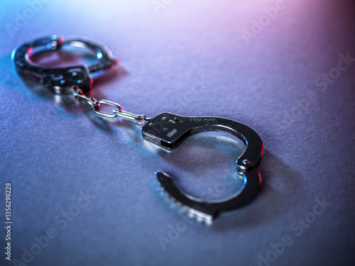 Open handcuffs on a surface symbolizing justice and crime photo