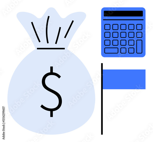 Money bag with dollar symbol, a calculator, and a flag symbolizing budgeting, savings, investment, goal setting, accounting, wealth management and financial success. Flat simple metaphor