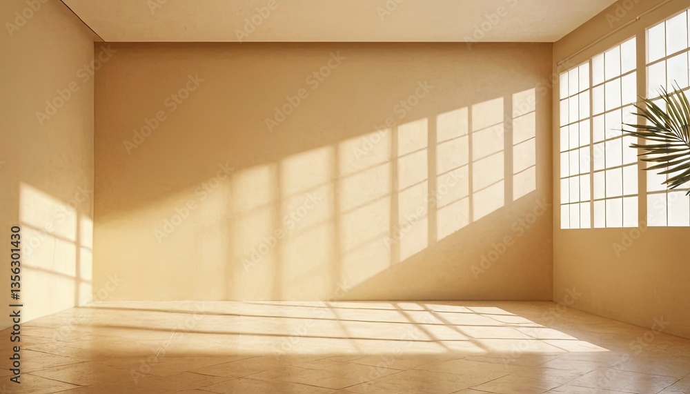 Obraz premium Sunlit Serenity: A vacant room basks in the warmth of natural light streaming through a window, casting intricate shadows and illuminating the space with a sense of calm.