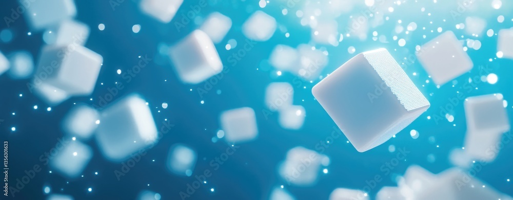 Abstract background with floating white cubes on a blue, glowing digital technology background. Abstract background with floating white cubes on a blue, glowing digital technology background.