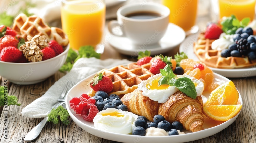 Breakfast table spread with fresh fruits, crispy waffles, croissants, coffee, and orange juice, perfect for Mothers Day brunch or family gatherings. Breakfast table spread with fresh fruits, crispy waffles, croissants, coffee, and orange juice, perfect for Mothers Day brunch or family gatherings.