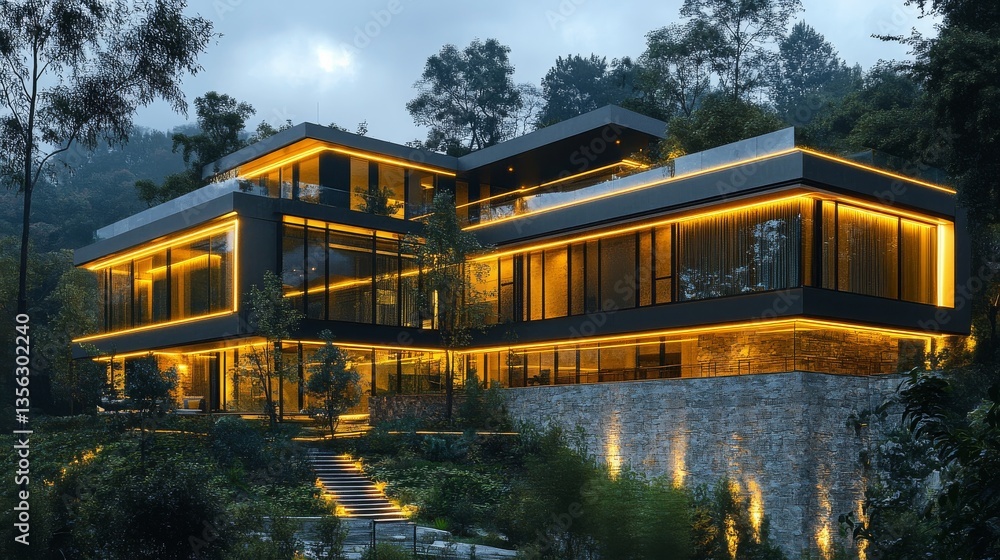 Modern architecture illuminated at night in a serene forest setting with lush greenery and stone pathway Modern architecture illuminated at night in a serene forest setting with lush greenery and stone pathway