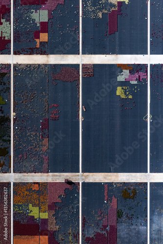 Aerial view of a cultivated field with ornamental flowers in a colorful pattern