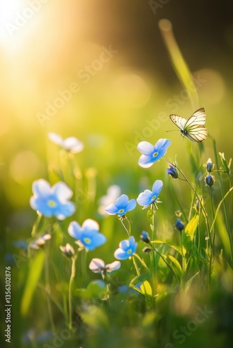 Wallpaper Mural Blue wildflowers glowing in spring sunlight, delicate butterfly perched, nature awakening, Earth Day celebration, vibrant garden scene, fresh beginnings. Torontodigital.ca