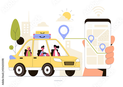 Ride Sharing Vector Illustration Featuring Shared Transportation Services Using Vehicles to Transport Passengers from One Place to Another