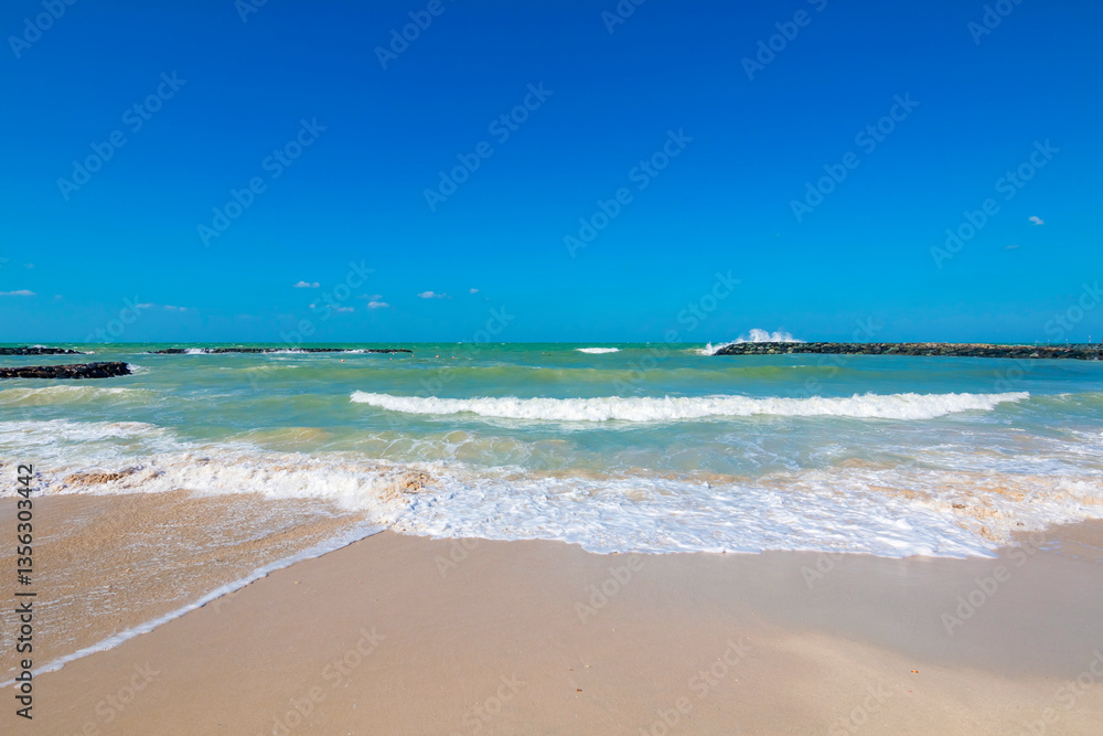 Pristine beach in Sharjah on a sunny day, with golden sand stretching along the shoreline. The calm turquoise waters gently lap against the shore, under a clear, cloudless blue sky.