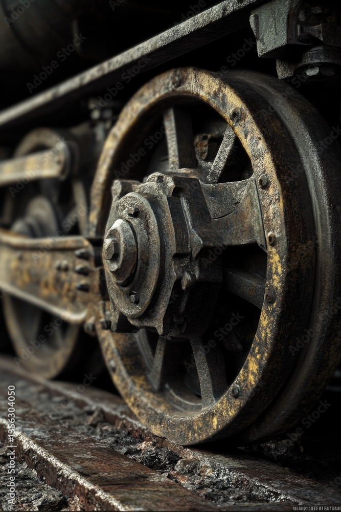 A detailed view of train wheels, highlighting their texture and design A detailed view of train wheels, highlighting their texture and design
