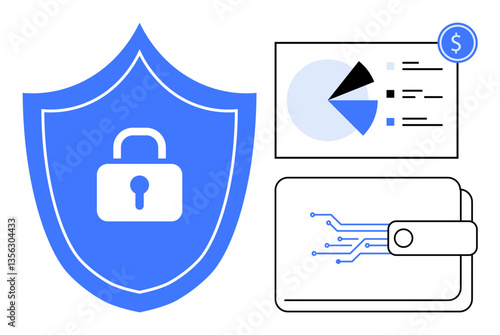Padlock on a blue shield, digital wallet with circuits, and pie charts with dollar icon. Ideal for cybersecurity, financial safety, data analysis, fintech, online banking, secure payment innovation