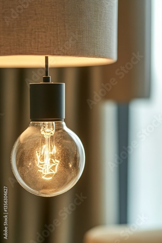 A light bulb hangs from a lamp on a table, providing soft lighting