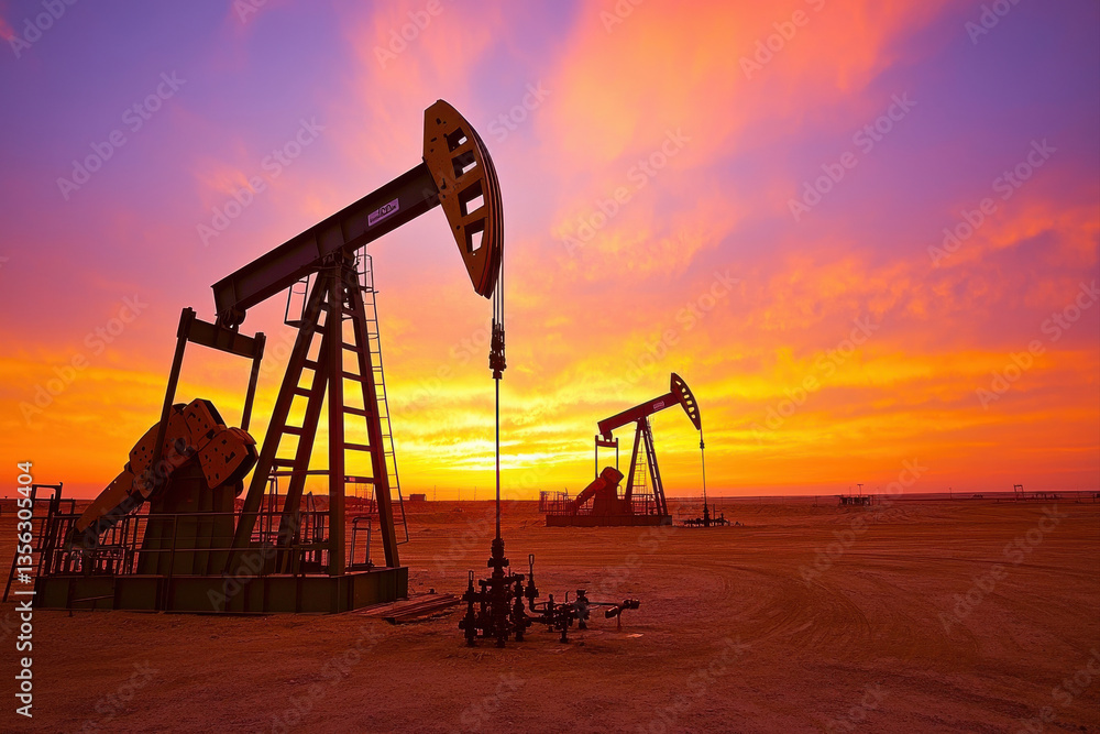 Dramatic sunset over oil pumps in a vast landscape, highlighting energy production. Dramatic sunset over oil pumps in a vast landscape, highlighting energy production.