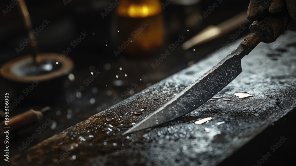 A person sharpens a piece of metal using a knife, great for use in educational or tutorial content A person sharpens a piece of metal using a knife, great for use in educational or tutorial content