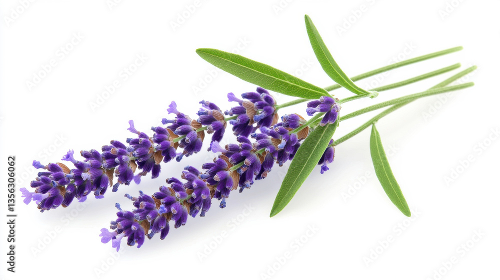 Obraz premium Fresh lavender bouquet with vibrant purple flowers and green leaves, perfect for decor. isolated on white background.
