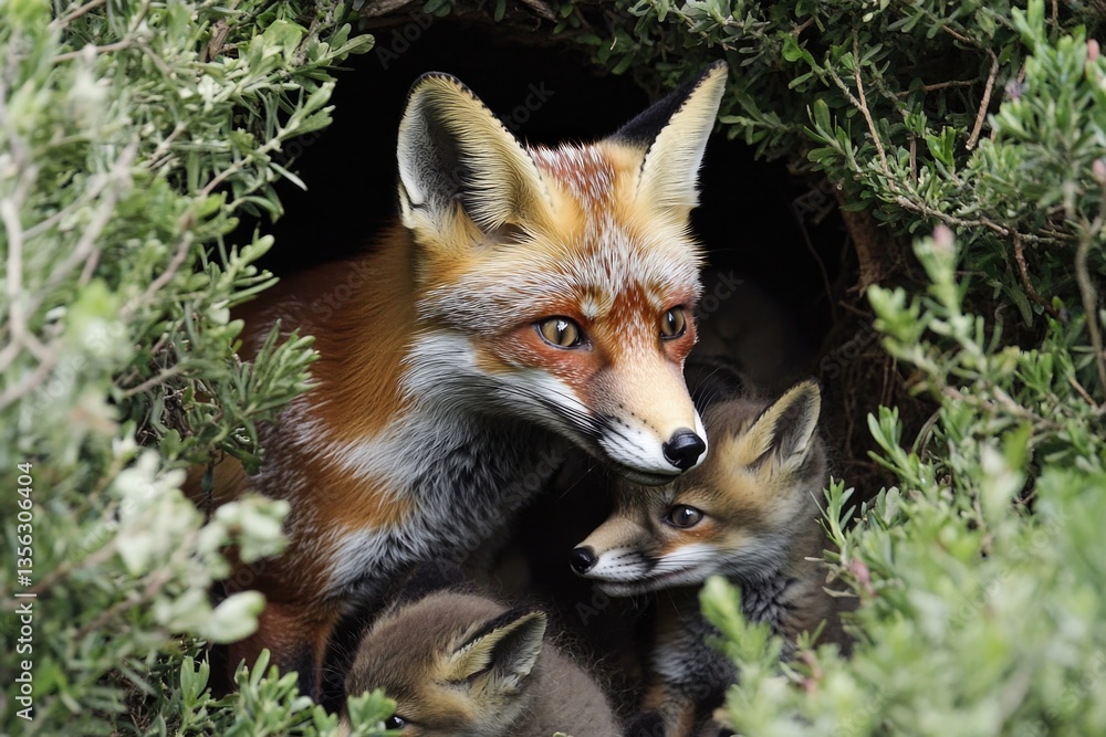 A mother fox with her two small cubs in the forest, one of which is looking up at her A mother fox with her two small cubs in the forest, one of which is looking up at her