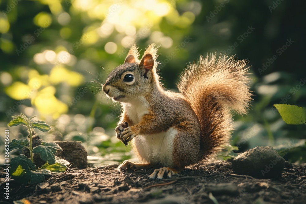 A squirrel sits on the ground basking in the warm sunlight A squirrel sits on the ground basking in the warm sunlight
