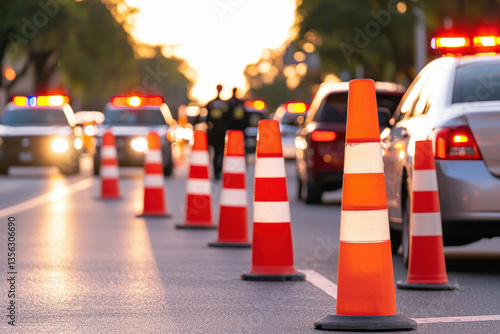Traffic cones and police cars managing road safety during an emergency situation.