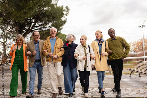 A diverse group of active seniors walking together in an urban park