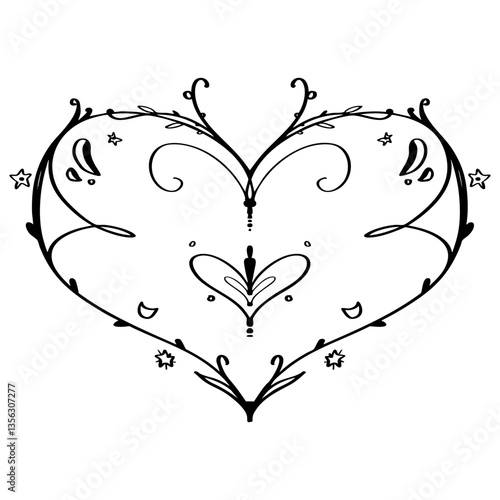 Delicate vector heart - black doodle line art.
