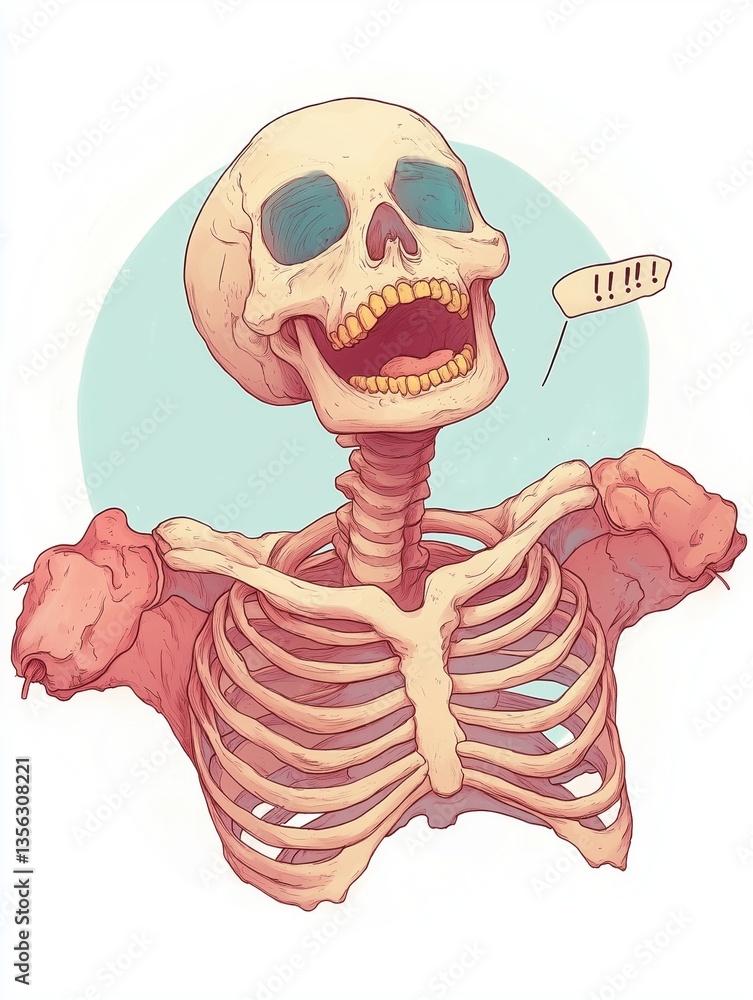Playful pastel skull and torso laughing, watercolor hand-painted skeleton isolated on white, artistic and fun.