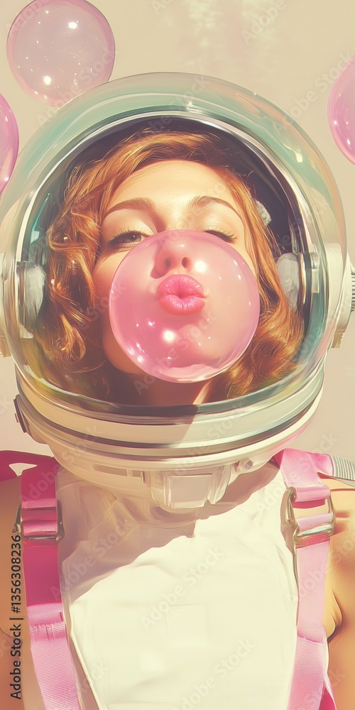Vintage astronaut girl with bubble gum, 1960s pastel illustration, retro sci-fi aesthetic, vertical artwork.