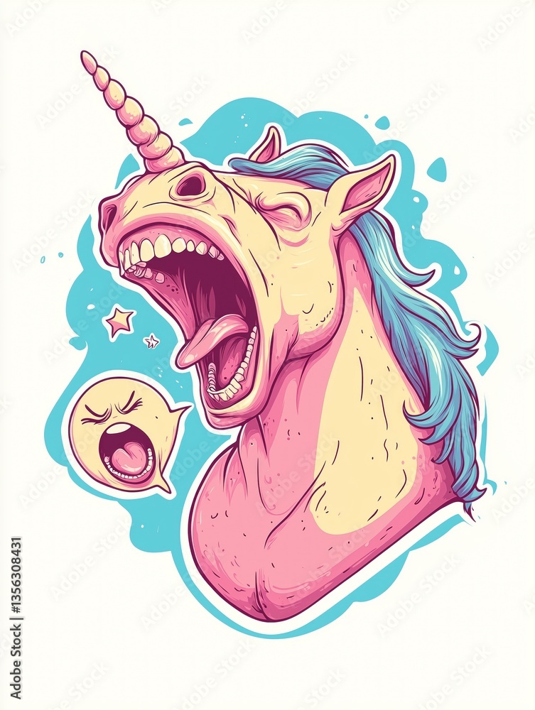 Fun digital illustration of a unicorn shouting, blue mane, pink and yellow contrast, expressive and bold fantasy character, isolated on white background
