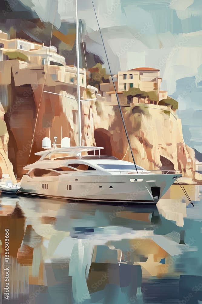Artistic impressionist painting with bold brush strokes, depicting a boat near a coastal cliffside village, in a muted color palette.