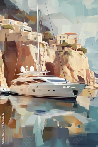 Obraz na płótnie Artistic impressionist painting with bold brush strokes, depicting a boat near a coastal cliffside village, in a muted color palette. w salonie