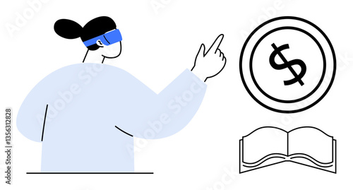 Woman using VR headset gestures toward dollar icon and open book, linking innovation, education, and technology-focused finance. Ideal for future learning, virtual reality, fintech concepts
