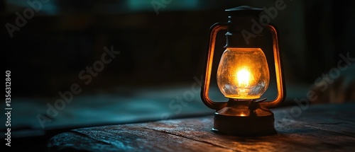 A single light source sits atop a wooden table