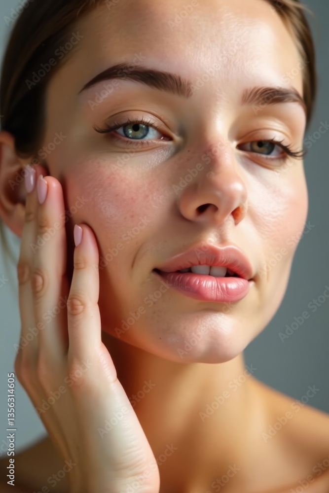 Close-up, soft skin, hands touching face, post-treatment glow , aftercare, confident Close-up, soft skin, hands touching face, post-treatment glow , aftercare, confident