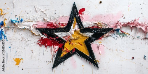 Abstract textured star on multicolored splattered background with pink and red accents