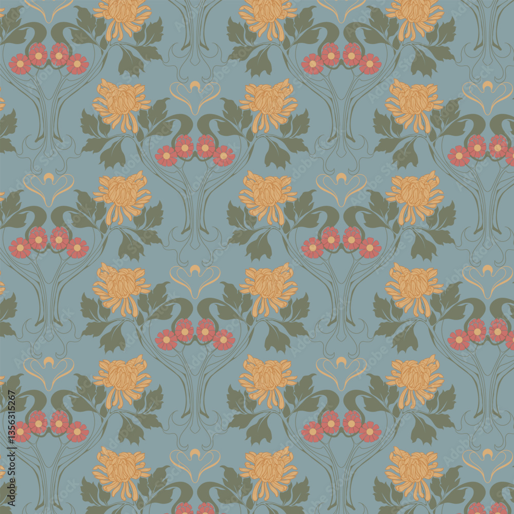 Fototapeta premium Art nouveau chrysanthemum flower pattern background