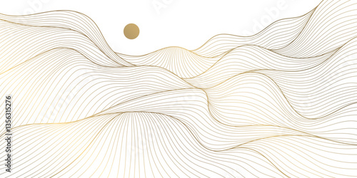 Vector line abstract wave landscape, desert, japanese style illustration. Mountain gold boho background. Sand, sea oriental art.