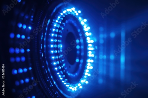 A glowing blue circular lighting arrangement with focused depth of field