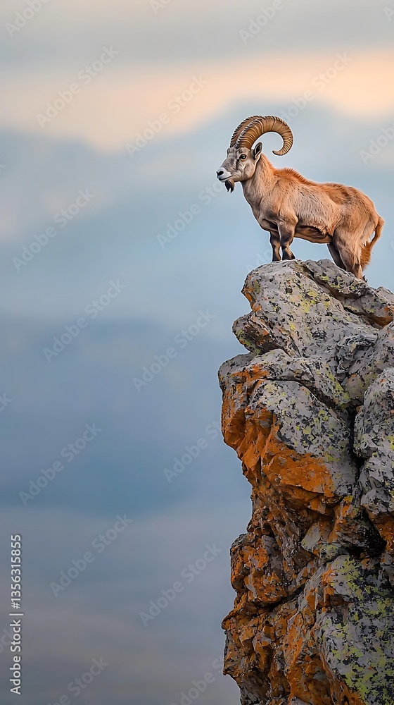 Obraz premium Majestic Ram on Mountain Peak at Dawn.