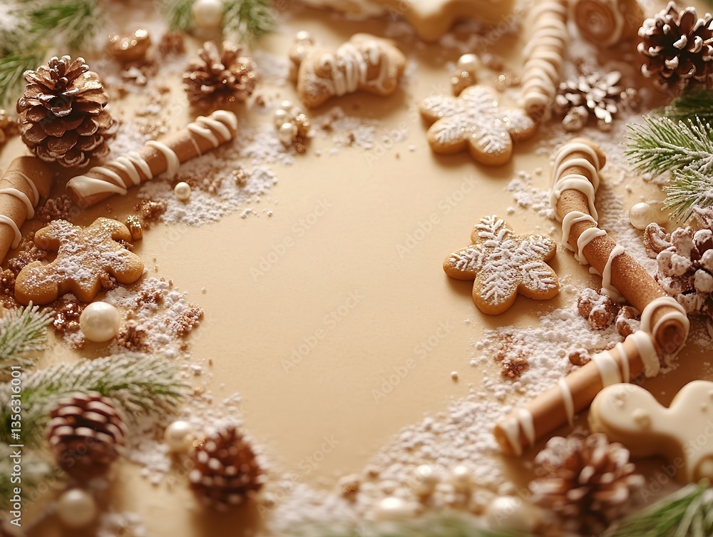 Fototapeta premium Festive baking background with gingerbread dough, cutout cookie shapes, icing tubes, sprinkles, cinnamon, flour and pine sprigs over warm-toned surface.