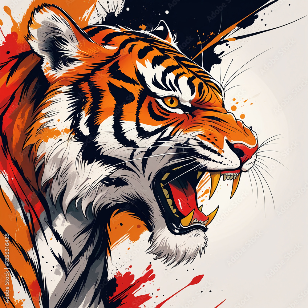 AI Generative. Minimal tiger head illustration with elegant expression. The design features bold, black outlines and striking orange eyes. 30 AI Generative. Minimal tiger head illustration with elegant expression. The design features bold, black outlines and striking orange eyes. 30