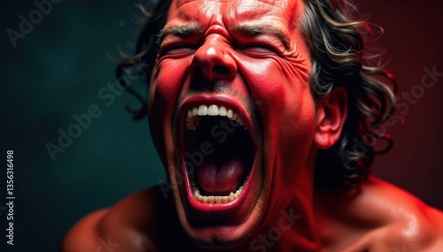 Red face, veins bulging, open mouth screaming , meltdown, intense