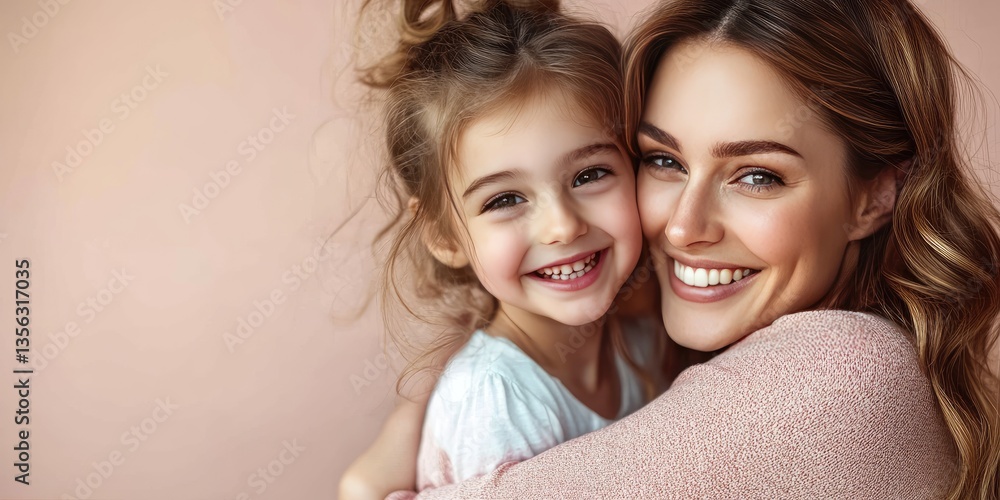 A loving mother and her young daughter are embracing joyfully A loving mother and her young daughter are embracing joyfully