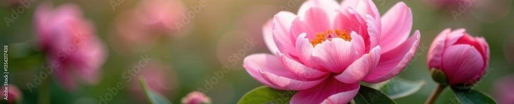 Soft pink peony blossoms, lush petals, blurred background, elegant, fresh Soft pink peony blossoms, lush petals, blurred background, elegant, fresh
