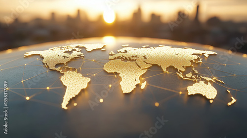 Fototapeta Naklejka Na Ścianę i Meble -  A golden world map with glowing connections between different countries, representing global network and connectivity in business