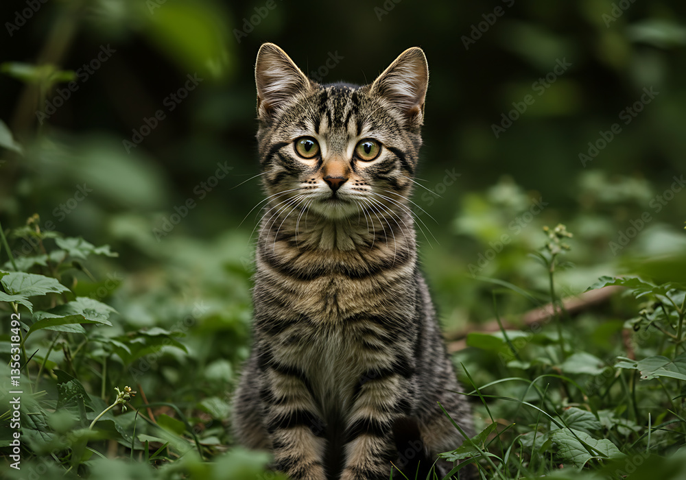 Fototapeta premium A Curious Kitten Amidst Lush Greenery: A Captivating Portrait of Feline Elegance in Nature's Embrace