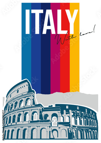 Italy Sight. Colosseum 1980s Color Lines Postcard, Main Rome Landmark Poster