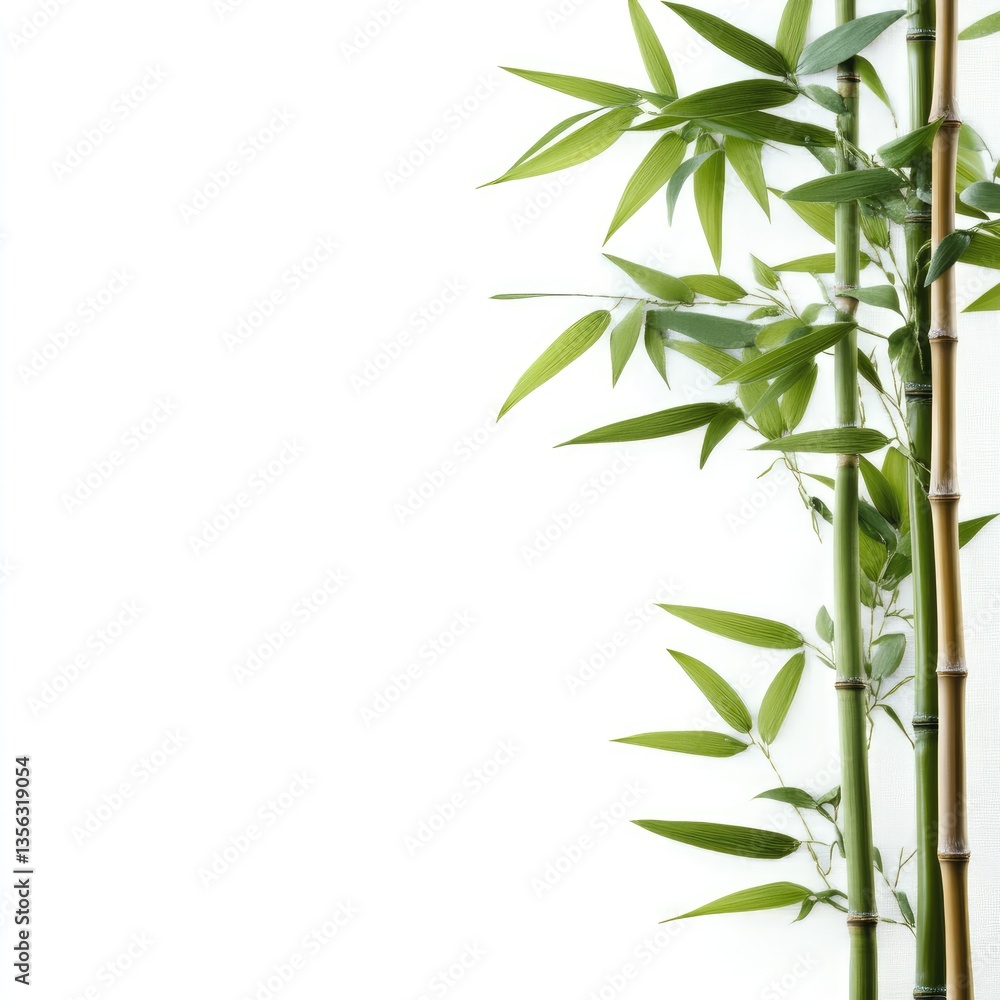 Naklejka premium Bamboo stalks, green leaves, white background