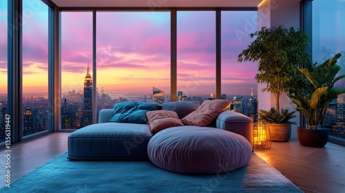 Modern Smart Home Interior with Sophisticated Lighting and Stunning Cityscape View at Dusk