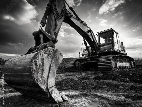 A black and white photo of an excavator used for construction and heavy industry work photo